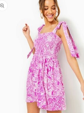 Lilly Pulitzer RIVERA SMOCKED ROMPER, WILD FUCHSIA SWIPE RIGHT
